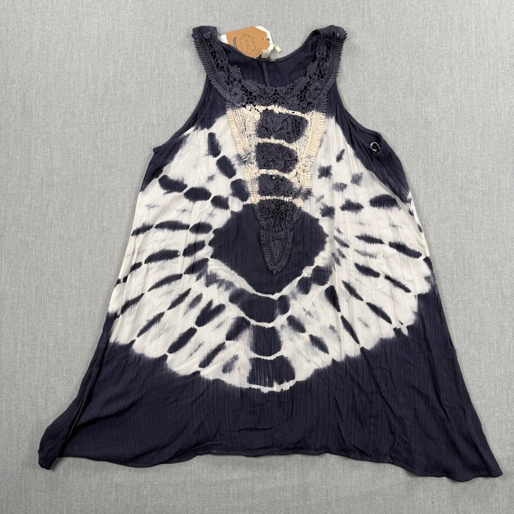 Kori Navy and White Tie-Dye Crochet-Trim Sleeveless Blouse